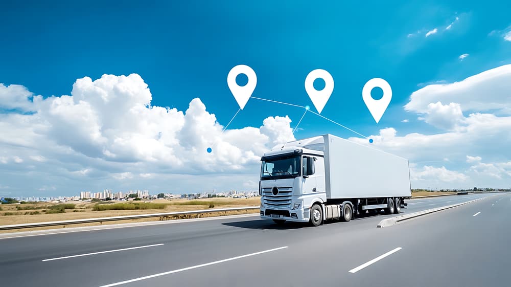 Teherautó az úton, GPS-helymeghatározást jelképező helyjelölőkkel.